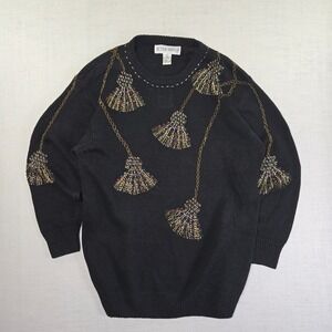 VTG Victoria Harbour Women Medium Sweater Black Beaded Tassels Gold Chain‎ Ramie